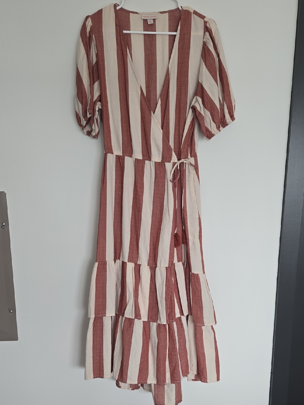 Stripe Wrap Midi Dress in Rust and Cream 100% Cotton